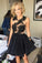 A-line Homecoming Dress,Short Prom Dress,Chiffon Black Backless Cocktail Dress with Appliques,N80