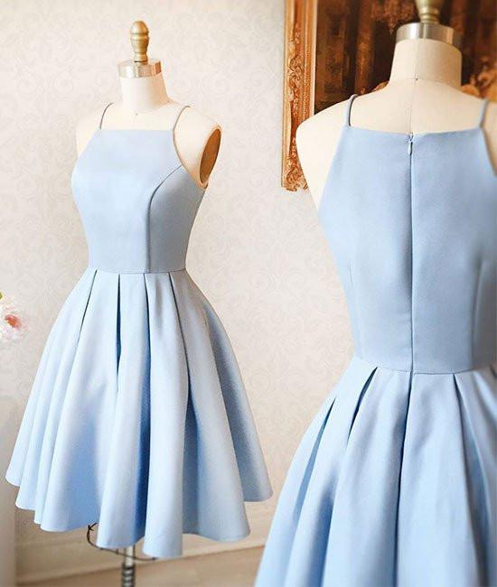 A-Line Spaghetti Straps Homecoming Dress,Sleeveless Light Blue Satin Short Prom Dress,ED90