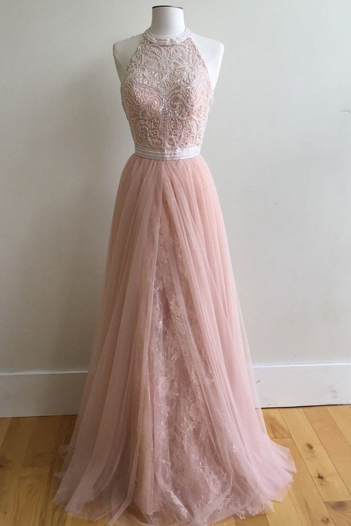 A-Line Halter Pink Floor-Length Prom Dresses,Sleeveless Tulle Prom Dress with Appliques,N102