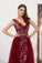 Burgundy V Neck Sleeveless Tulle Long Prom Dress with Beads Crystal N2282