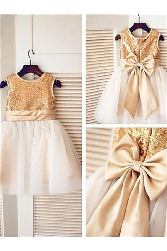 Golden Sequin Cute Tulle Flower Girl Dresses with Bow-knot on the Back F067