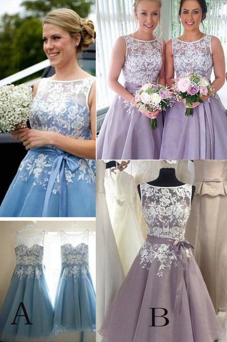 Lilac Lace Appliqued Sleeveless Short Bridesmaid Dress,Mini Dress With Belt,Short Prom Dress,N163