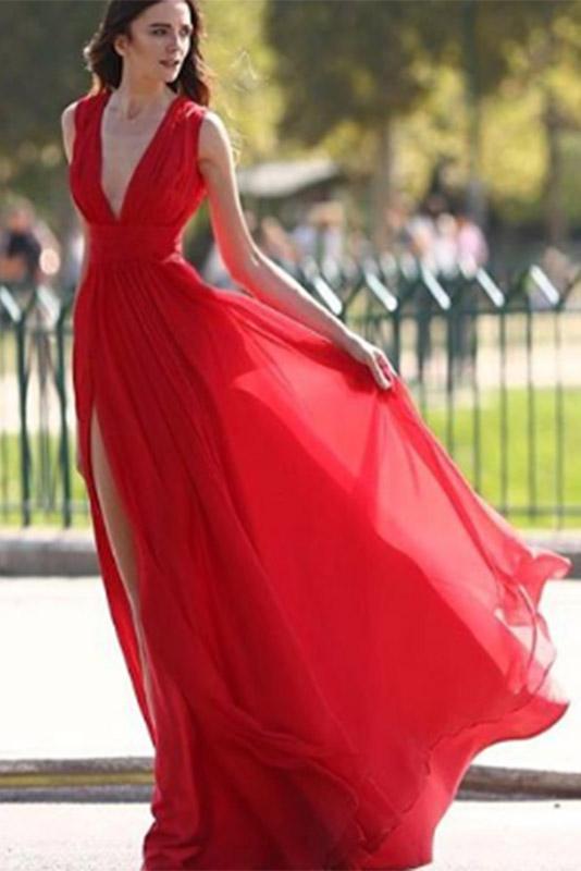 Split V-neck Red Evening Dress,Sexy Party Dresses with V Back,Sleeveless Chiffon Prom Dresses,N61