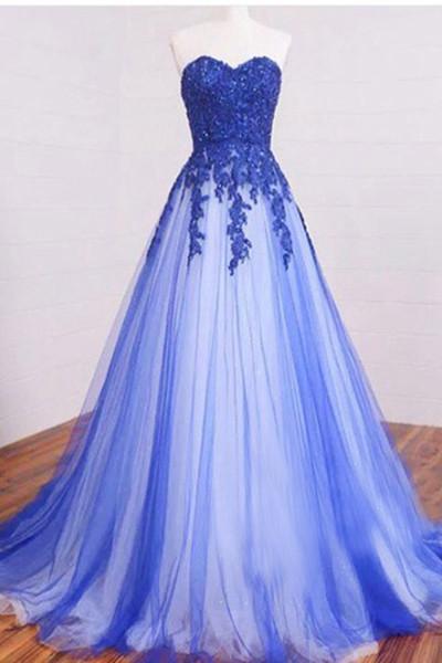 2017 New Arrival Sweetheart  Long Lace Appliques Prom Dress,Strapless Royal Blue Tulle Prom Dresses,Formal Dress,Cheap Simple A-line Prom Gown,N138