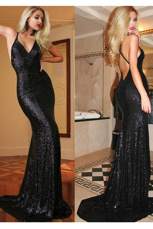 Sexy Spaghetti V-neck Long Mermaid Prom Dresses,Black Backless Sequin Prom Dress N30