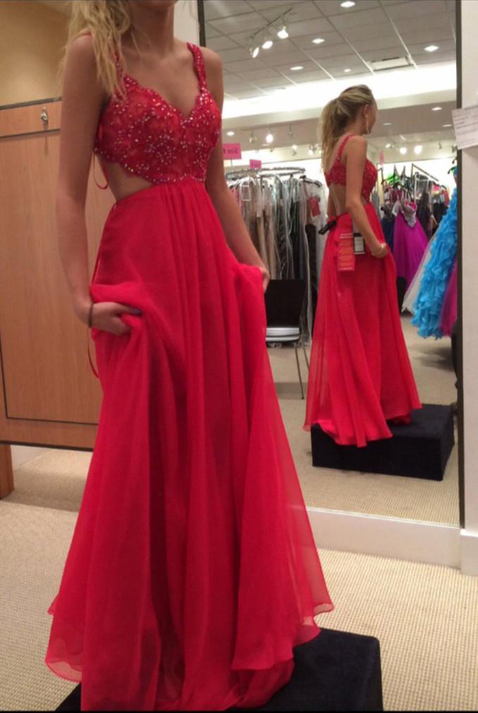 Spaghetti Strap Red Prom Gown,Chiffon Backless Formal Gown,Beading Prom Dress,N94