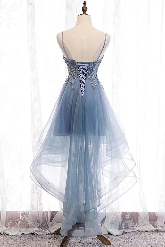 Blue High Low Spaghetti Straps Tulle Homecoming Dresses with Appliques, Party Dress N2143