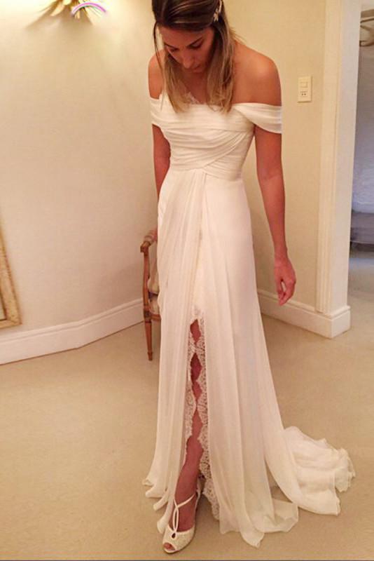 A-Line Off-the-Shoulder Wedding Dresses,Long Chiffon Beach Wedding Dress with Lace Split,N123