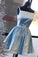 Shiny Blue Satin Beading Square Neck Sleeveless Homecoming Dress, Knee Length Prom Dress N1825