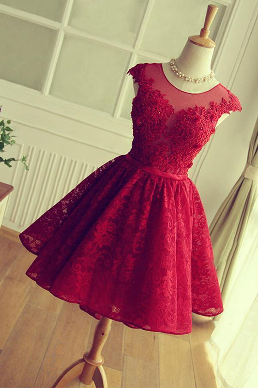 Scoop A-line Short Red Lace Homecoming Dress Cute Prom