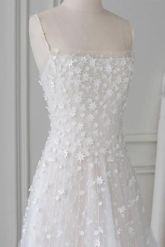White Spaghetti Straps Lace Tulle Evening Dress, Floor Length Prom Dress with Beads N2105