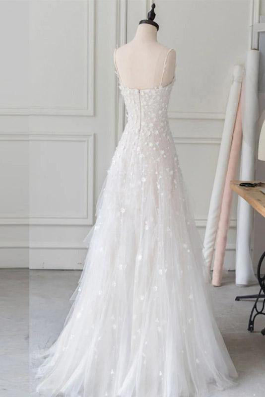 White Spaghetti Straps Lace Tulle Evening Dress, Floor Length Prom Dress with Beads N2105