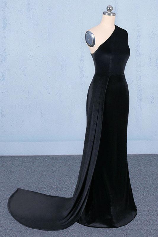 Black One Shoulder Mermaid Long Evening Dress, Unique Black Prom Dresses N2327
