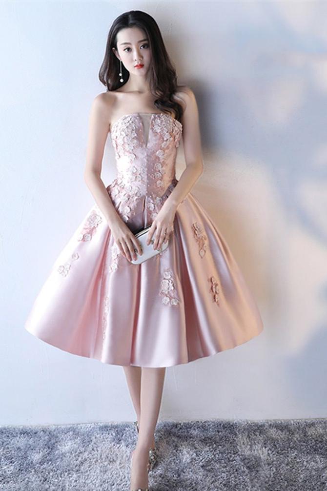 Pink A Line Strapless Applique Knee Length Homecoming Dress, Short Prom Dresses N1950