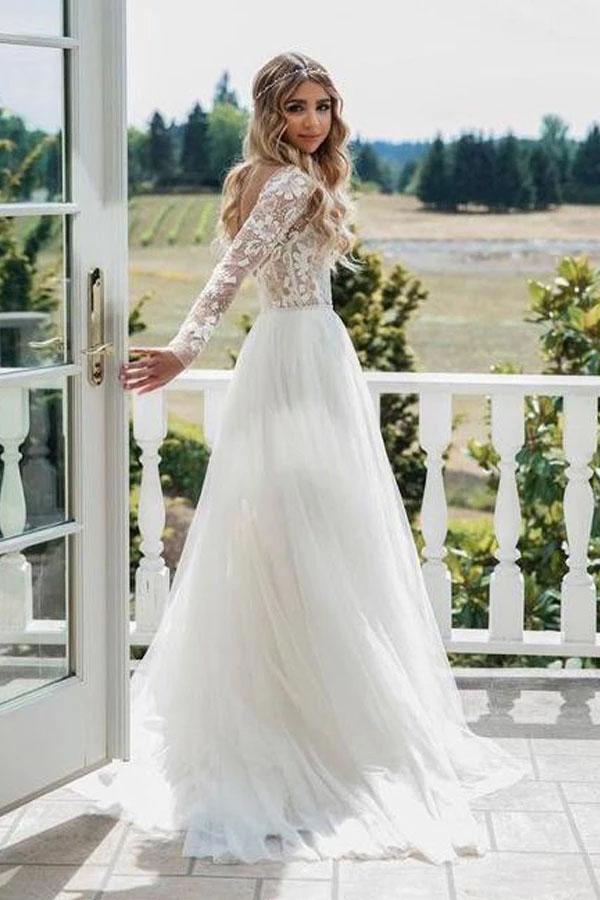 Chic A-line Long Sleeve Lace See Through Wedding Dresses Backless Country Wedding Dress N2525
