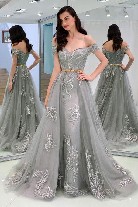 A-Line Appliques Off-the-Shoulder Gray Evening Dress With Sashes, Long Tulle Prom Dress N1833