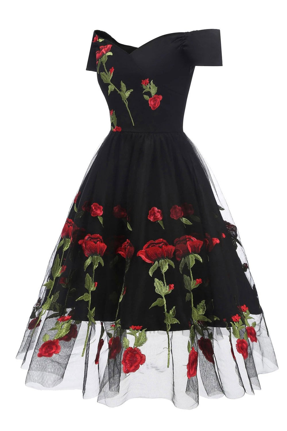 Retro Off the Shoulder Tulle Black Party Dress with Flowers, Knee Length Homecoming Dress N2107