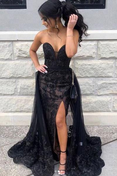 Black Sweetheart Tulle Prom Dress with Lace Appliques, Long Strapless Split Formal Dress N1895