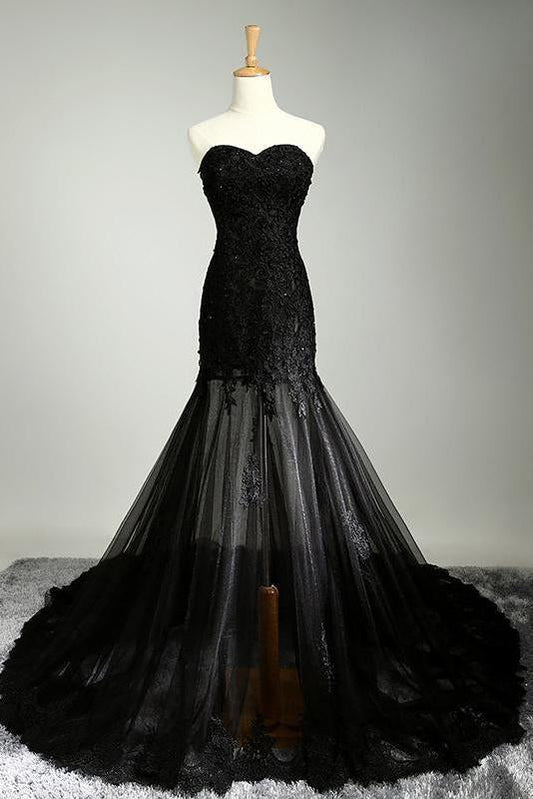 Sexy Black Sweetheart Sheath Tulle Beads Lace Appliques Strapless Long Prom Dresses