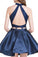 Two Piece Navy Blue High Neck Homecoming Dress with Lace, A Line Satin Graduation Dress N1853