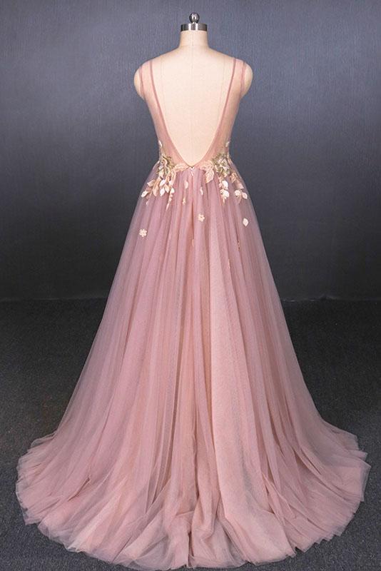 Pink V Neck Sleeveless Tulle Prom Dress with Appliques, A Line Tulle Evening Dress N2338