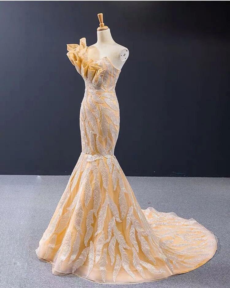 Luxurious Mermaid One Shoulder Long Prom Dress Gorgeous Yellow Evening Dresses N2413