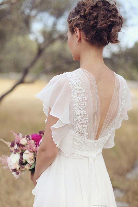 Ivory V Neck Chiffon Boho Wedding Dress, Unique Cap Sleeves Beach Wedding Dress with Ruffles N2505