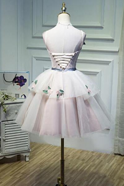 Puffy Straps Tulle Homecoming Dress with Flowers, Princess Graduation Dress with Belt N1973