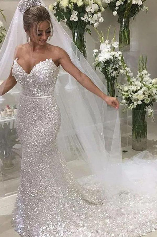Gorgeous Mermaid Sweetheart Chapel Train Silver Sequined Wedding Dress N2501