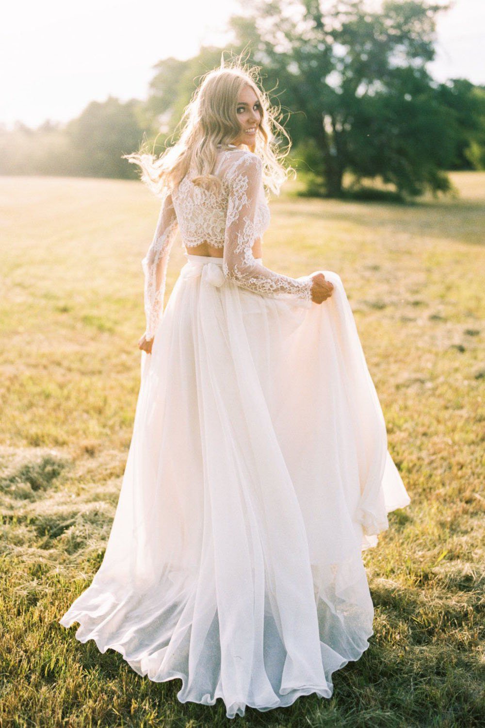Romantic Two Piece Long Sleeves Wedding Dress with Lace, A Line Ivory Chiffon Bridal Dress N2398
