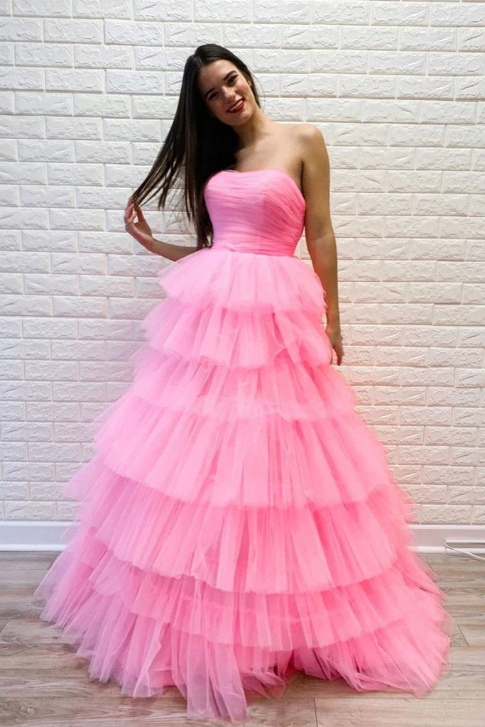 Pink Strapless Layers Prom Dress with Lace Up Back, A Line Floor Length Evening Dress N2602