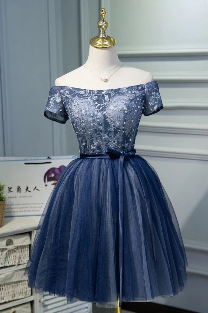 A Line Off the Shoulder Tulle Prom Dress with Belt, Cute Graduation Dress with Applique N1968