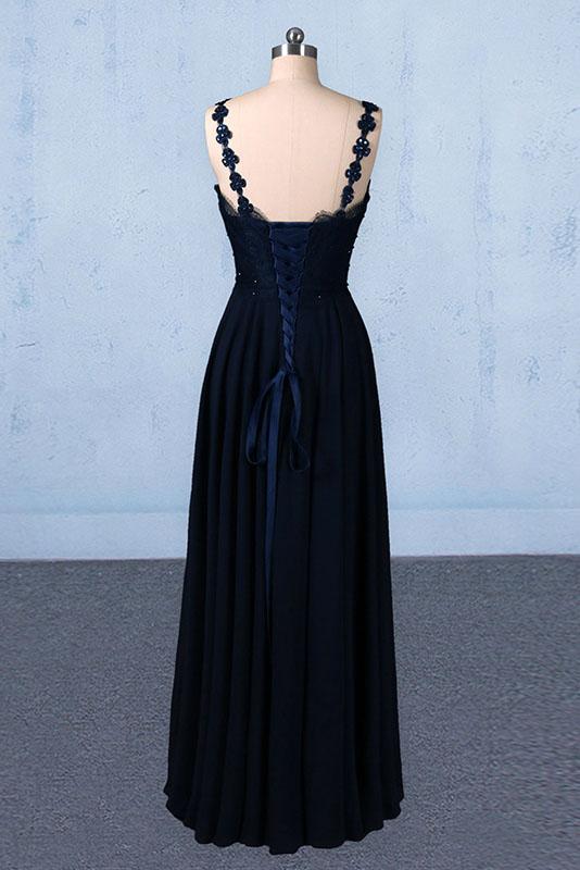 Dark Navy Blue Straps Floor Length Evening Dresses, Long Chiffon Prom Dress with Lace N2292