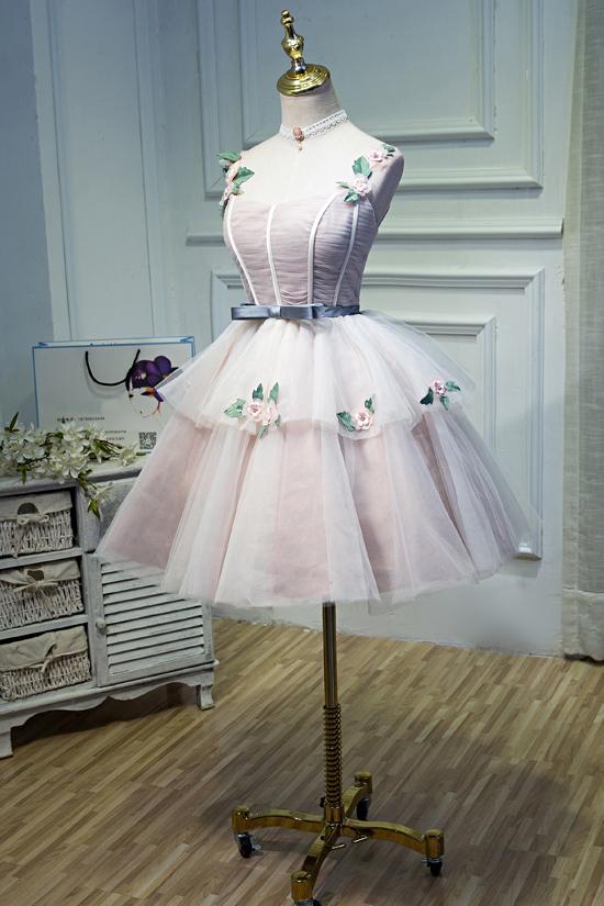 Puffy Straps Tulle Homecoming Dress with Flowers, Princess Graduation Dress with Belt N1973