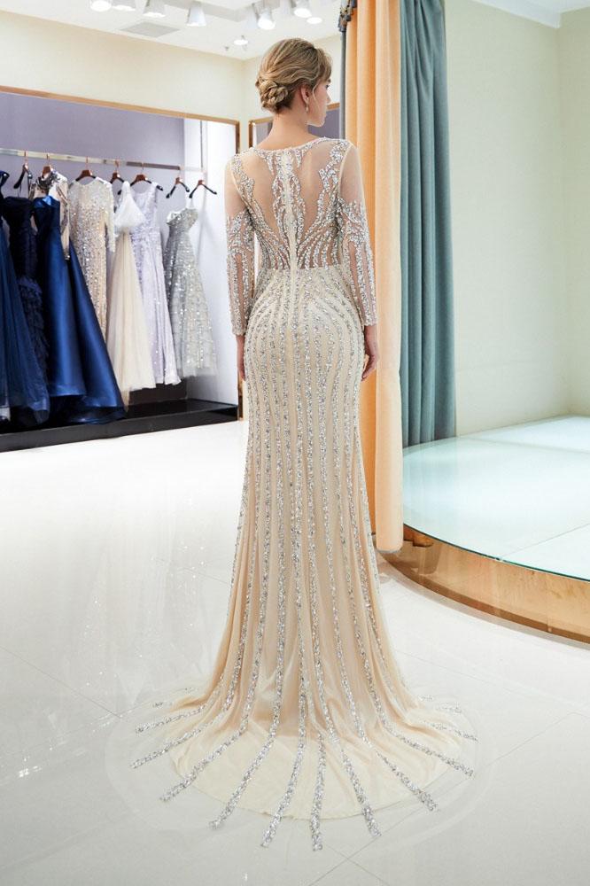 Beaded Evening Dresses Luxury Mermaid Crystal Sweep Train Long Sleeves Prom Dress N2280