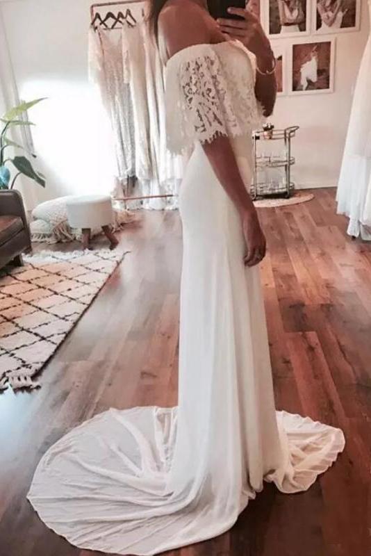 Cheap Country Beach Wedding Dresses Lace Chiffon Wedding Gown Bohemian Bridal Gowns N2506