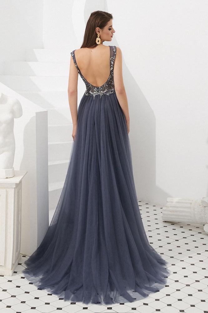 Luxury Gray V Neck Sleeveless Tulle Long Prom Dress with Beads Crystal N2283