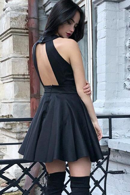 Black Lace Satin Simple Cheap Homecoming Dresses, Fashion Sleeveless Short Prom Dress N1819
