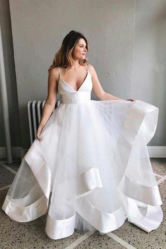 White Sapghetti Straps Beach Wedding Dress, Sexy Simple Boho Wedding Gowns N1790
