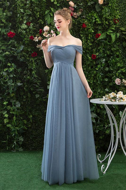 Cheap Off Shoulder Tulle Long Prom Dress with Short Sleeves,  Simple Bridesmaid Dresses N2322