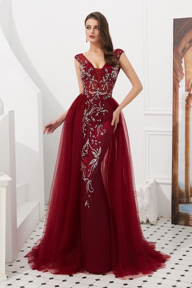 Burgundy V Neck Sleeveless Tulle Long Prom Dress with Beads Crystal N2282