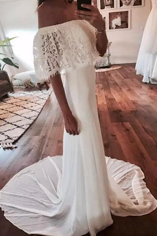 Cheap Country Beach Wedding Dresses Off Shoulder Lace Chiffon Wedding Gown Bohemian Bridal Gowns N2506