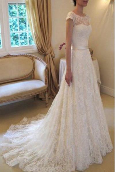 Cap Sleeve Lace Wedding Dresses,Long Bridal Dresses With Court Train,Ivory Beach Wedding Dress,N143