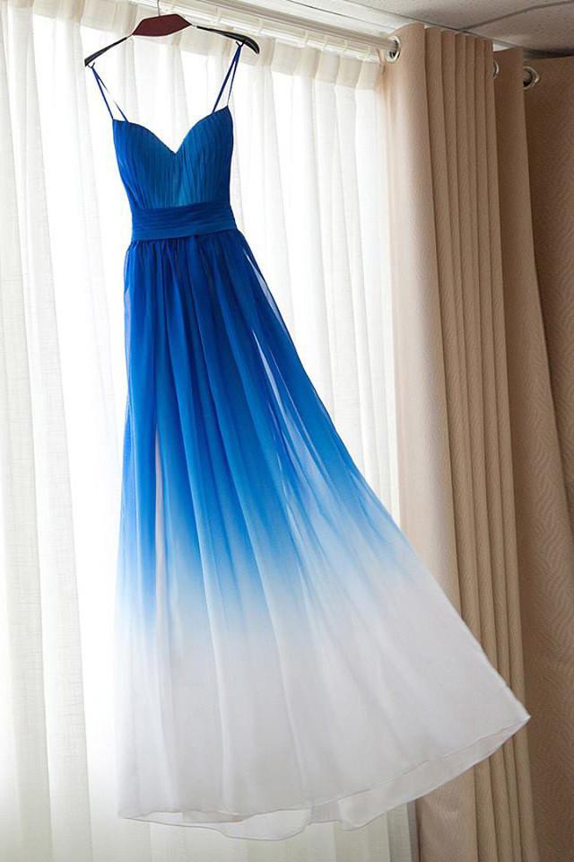 Spaghetti Strap Bridesmaid Gown,Royal Blue Ombre Long Bridesmaid Dresses,Chiffon Bridesmaid Dress,Royal Blue Ombre Prom Dress,A-line Sweetheart Bridesmaid Dress,N145