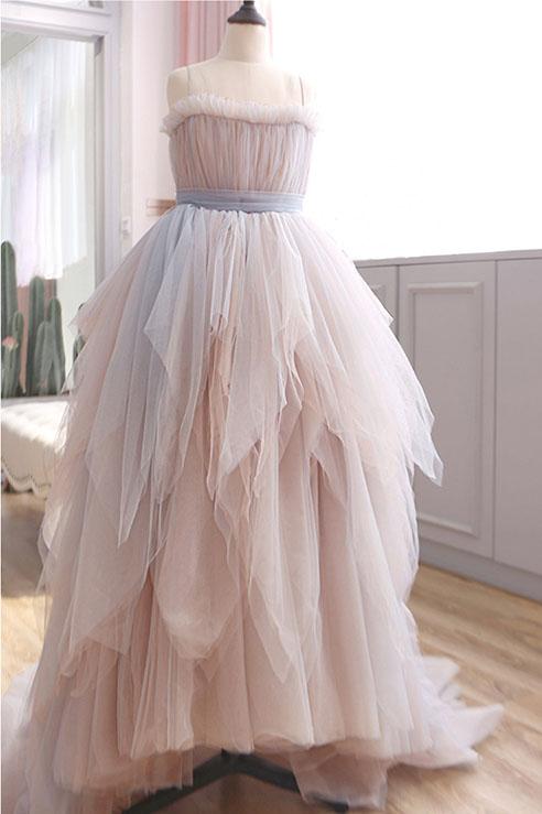 Vintage A Line Spaghetti Straps Blush Prom Dresses, Puffy Ruffles Party Dresses N2468
