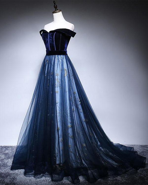 Dark Blue Velvet Tulle Long Prom Dress, Elegant Off the Shoulder Evening Dress with Sleeve N2608