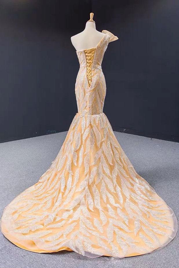 Luxurious Mermaid One Shoulder Long Prom Dress Gorgeous Yellow Evening Dresses N2413