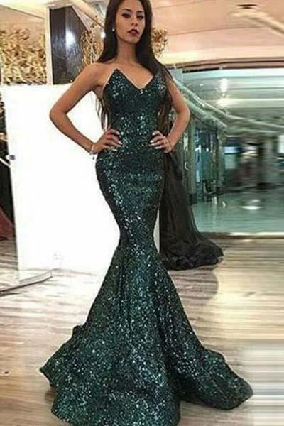 Dark Green Sweetheart Mermaid Sleeveless Floor Length Sequined Prom Dresses N2616