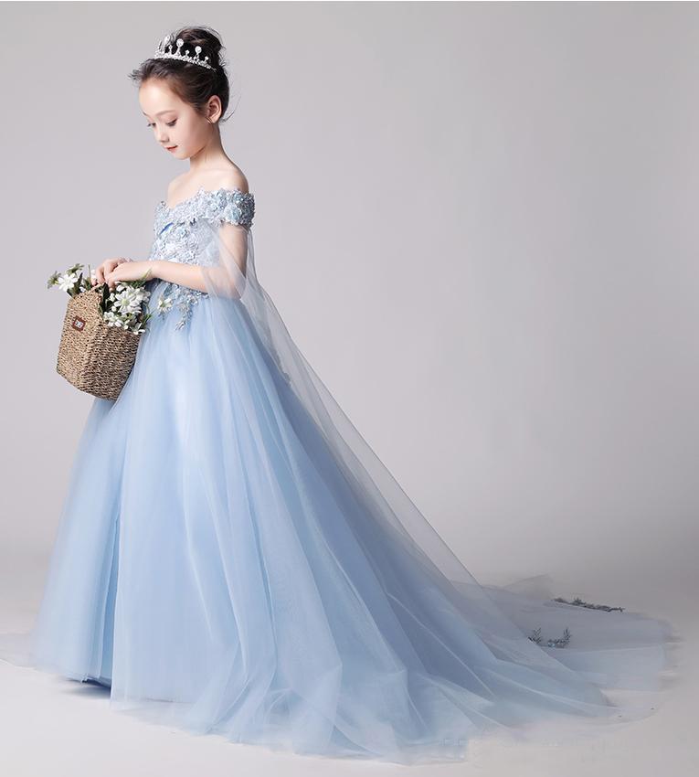 Beauty Blue Off the Shoulder Applique Flower Girl Dresses, Long Sweep Train Flower Girl Dress F080