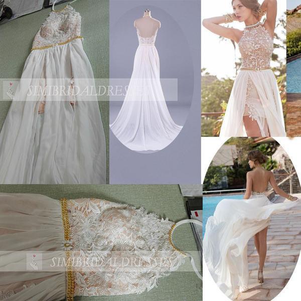 A-line Halter High Neck Lace Ivory Beach Wedding Dress,Prom Dresses N14